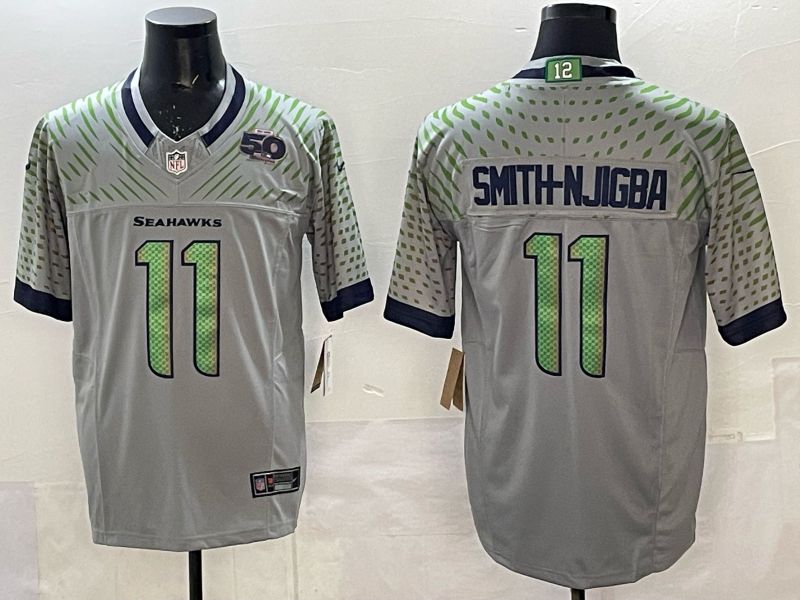 Men 2025 Seattle Seahawks #11 Smith-Njigba grey 5th generation Throwback Nike Limited NFL Jersey style 011